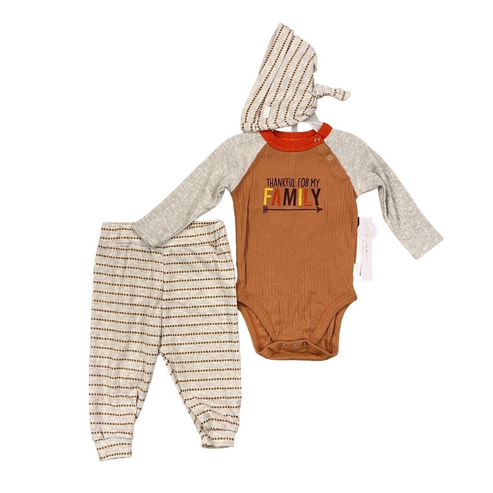 NWT Tahari Baby "Thankful for my Family" Bodysuit, Pant & Cap 3-Piece Set - 6-9M